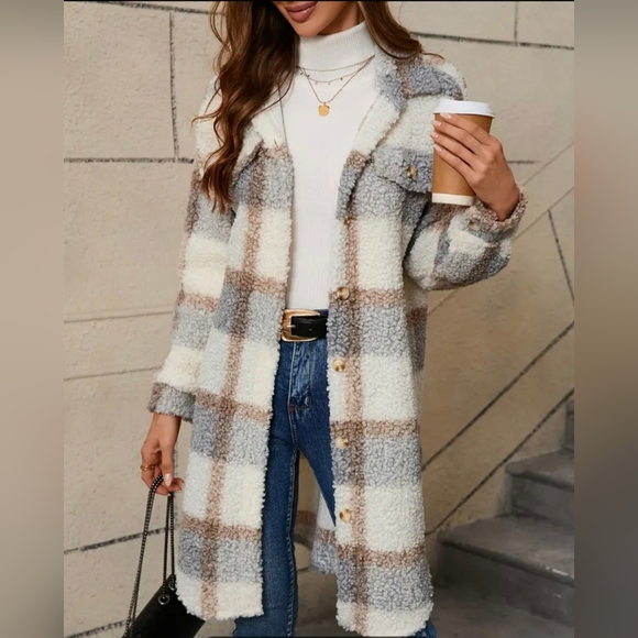Plaid Pattern Button Front Fuzzy Shacket - Picture 4 of 5